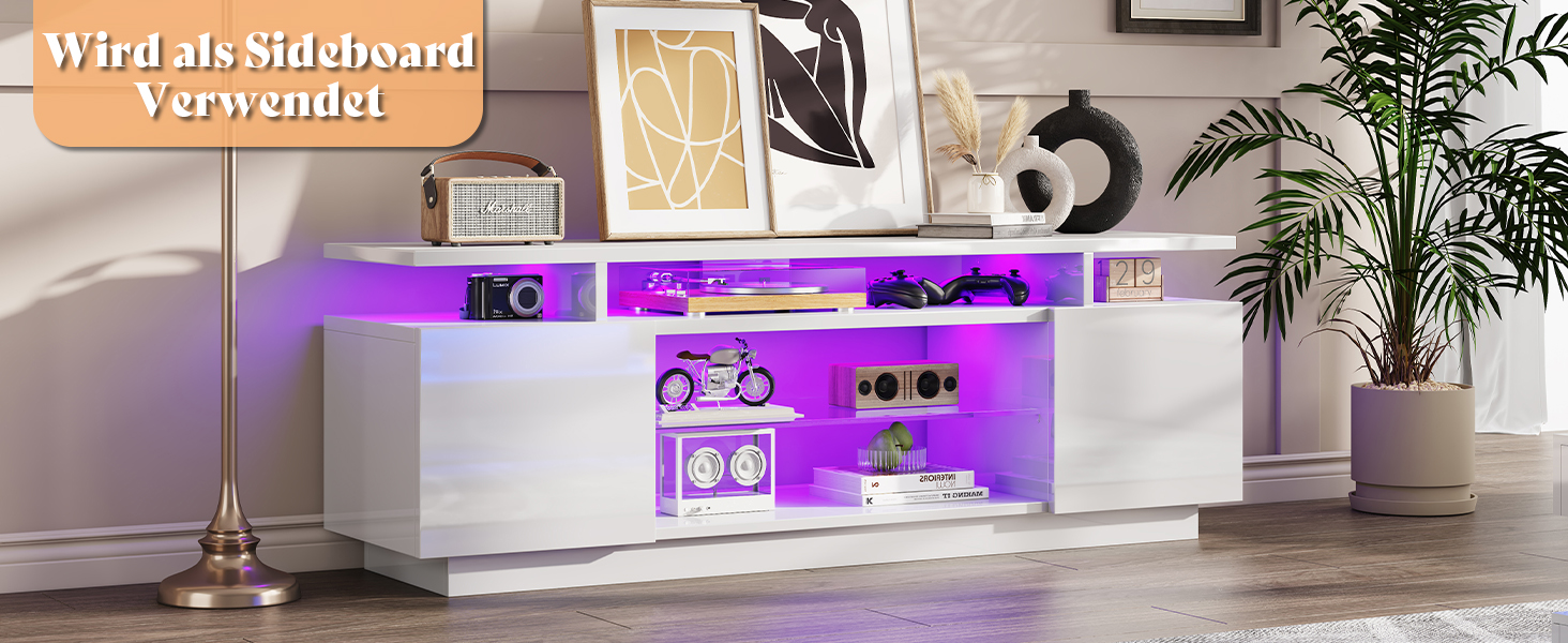 Тумба під TV Luxoak з LED підсвічуванням, білий глянцевий лак, 160x38.5x54.5 см. Підходить для телевізорів до 75 дюймів, з 2 дверцятами та регульованою скляною полицею. Для вітальні та спальні.