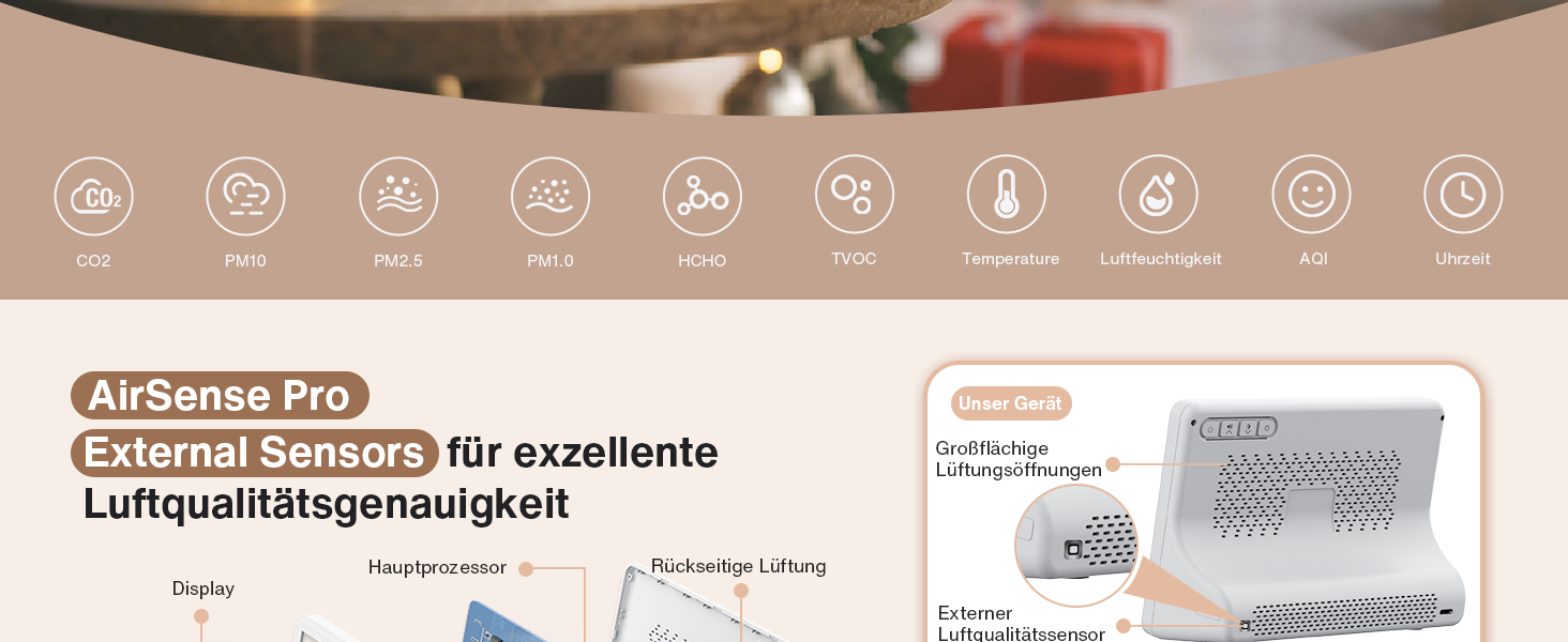 Вимірювач якості повітря Bonoch 16 в 1: Моніторинг CO2, TVOC, PM2.5, PM1.0, PM10, HCHO, Температура, Вологість, AQI, Час, Білий