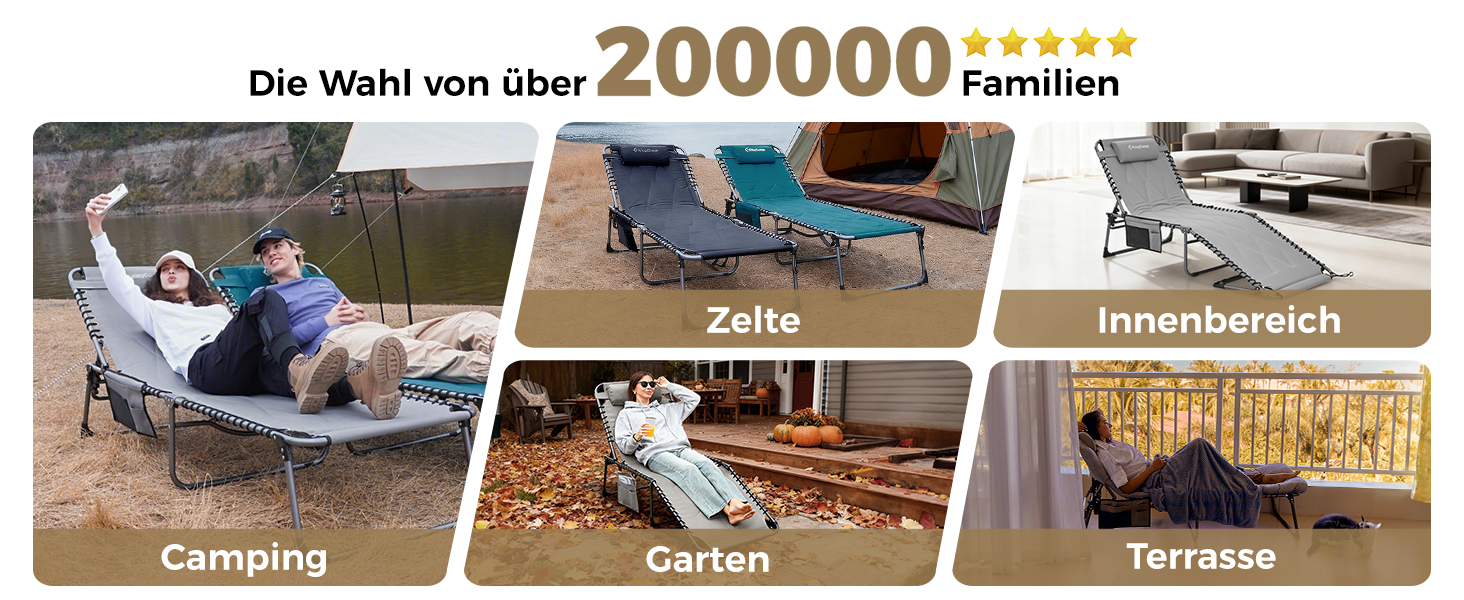 Лежак для відпочинку KingCamp великого розміру, складаний, 5 положень, для саду, кемпінгу, пляжу, з подушкою та кишенею, до 200 кг, 200 x 68 см, сірий