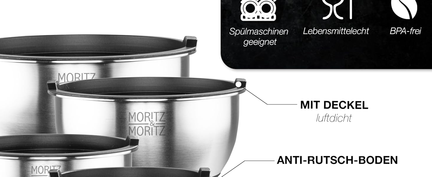 Миска для перемішування Moritz & Moritz 5er з кришкою - 0,6-4,5л - нержавіюча сталь з антиковзкими ніжками без BPA - Складна салатниця з кришкою та 3 насадкою-терткою - придатна для миття в посудомийній машині