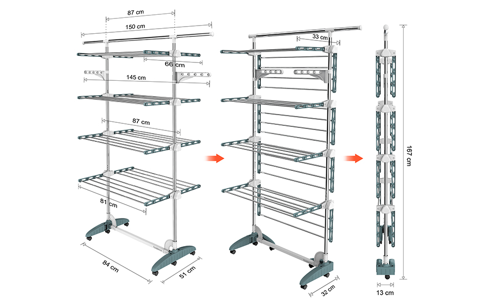 Сушарка для білизни, сушарка - Матеріал труби з нержавіючої сталі - Максимальна вантажопідйомність 3 кг на опорну планку - 4 полиці, з крилами та верхньою частиною штанги (бірюзовий, 4 рівня сушіння)