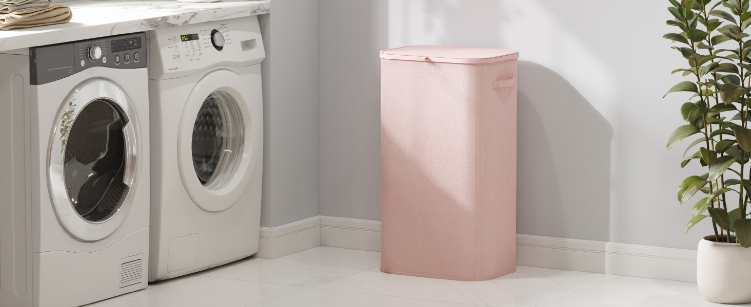 Кошик для білизни з кришкою Lifewit, 105л, рожевий, з міцним пластиковим каркасом, великий, складний, для спальні, ванної кімнати