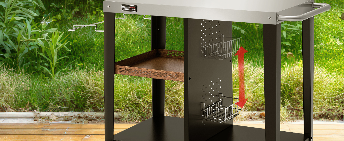 Роял Гормет: Робоча поверхня для гриля 85x50 см з нержавіючої сталі, візок на 3 яруси для гриля та піци, з ручками, тримачем для сміття та полицями для зберігання, легко миється та мобільний