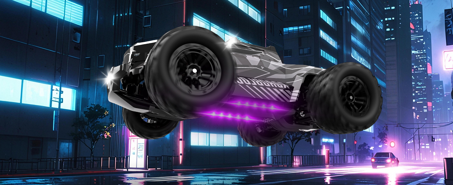 RC Автомобіль Monstertruck 1/14 4WD, 40 км/год, 2 батареї, 7 кольорів підсвічування, Водонепроникний, для дітей та дорослих, Чорний