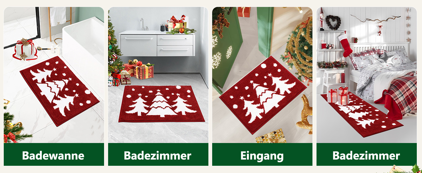 Набір килимків для ванної кімнати на Новий Рік: 3 шт. (червоний, з малюнком ялинки) - 45x65 см, 45x120 см, 50x60 см, нековзкі, водопоглинаючі, для туалету та душу