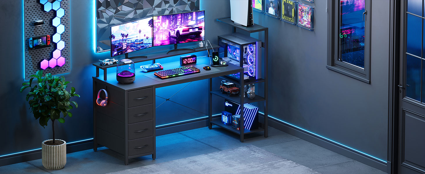 Ігровий стіл APICIZON 150 см з поличкою, підставкою під монітор та RGB-підсвіткою, чорний. Комп'ютерний стіл з USB, тримачем для навушників та підставки для чашки, карбоновий дизайн