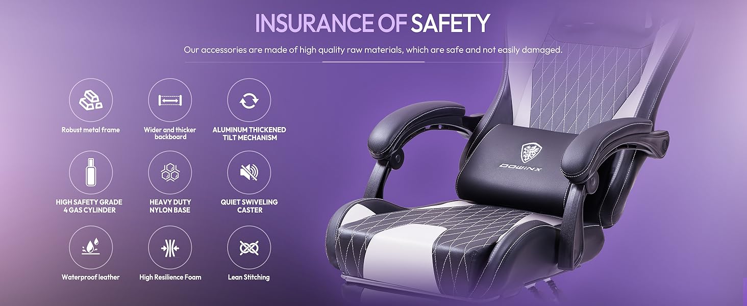 Ігровий крісло Dowinx з регульованою висотою масажного поперекового підтримання, ергономічний дизайн, м'яка мікрофібра велюр, посилене сидіння, підголовник та підніжка в комплекті, регулювання на 155°, (Білий, база)