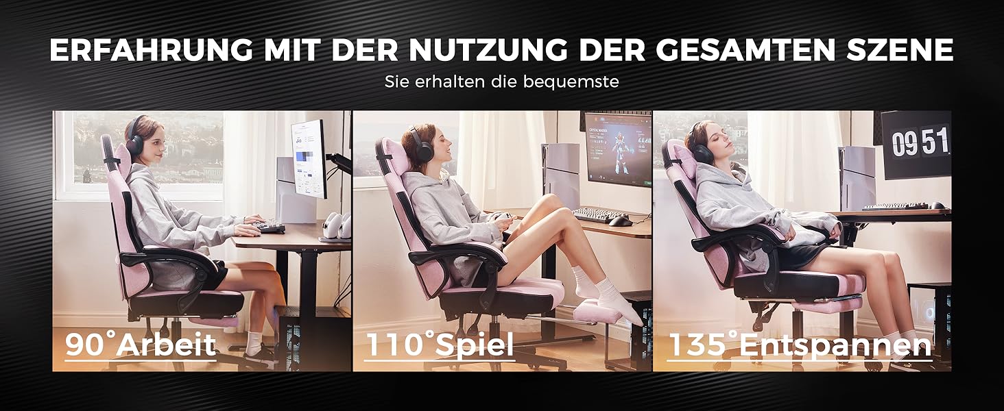 Ігровий крісло Dowinx з тканини, з пружинним сидінням та масажем попереку, офісне крісло з підніжкою для дорослих, ергономічне, велике та високе, 135 кг, рожеве