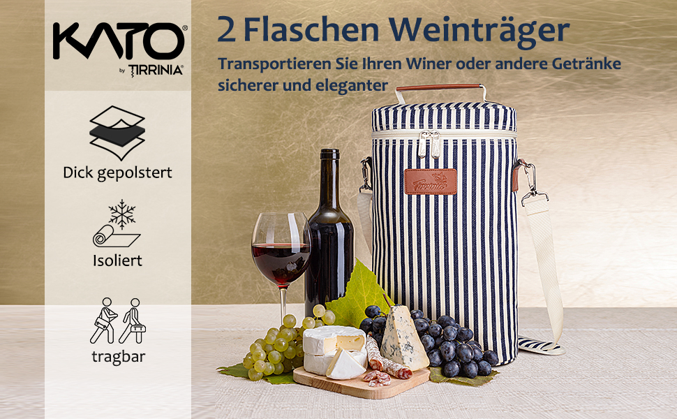 Сумка-холодильник Kato Tirrinia з ізоляцією для вина, сумка-холодильник на 2 пляшки Сумка-холодильник для вина Дорожні сумки з ручкою і регульованим плечовим ременем, подарунок для любителів вина (сумка-холодильник з 2 смужками для пляшок)
