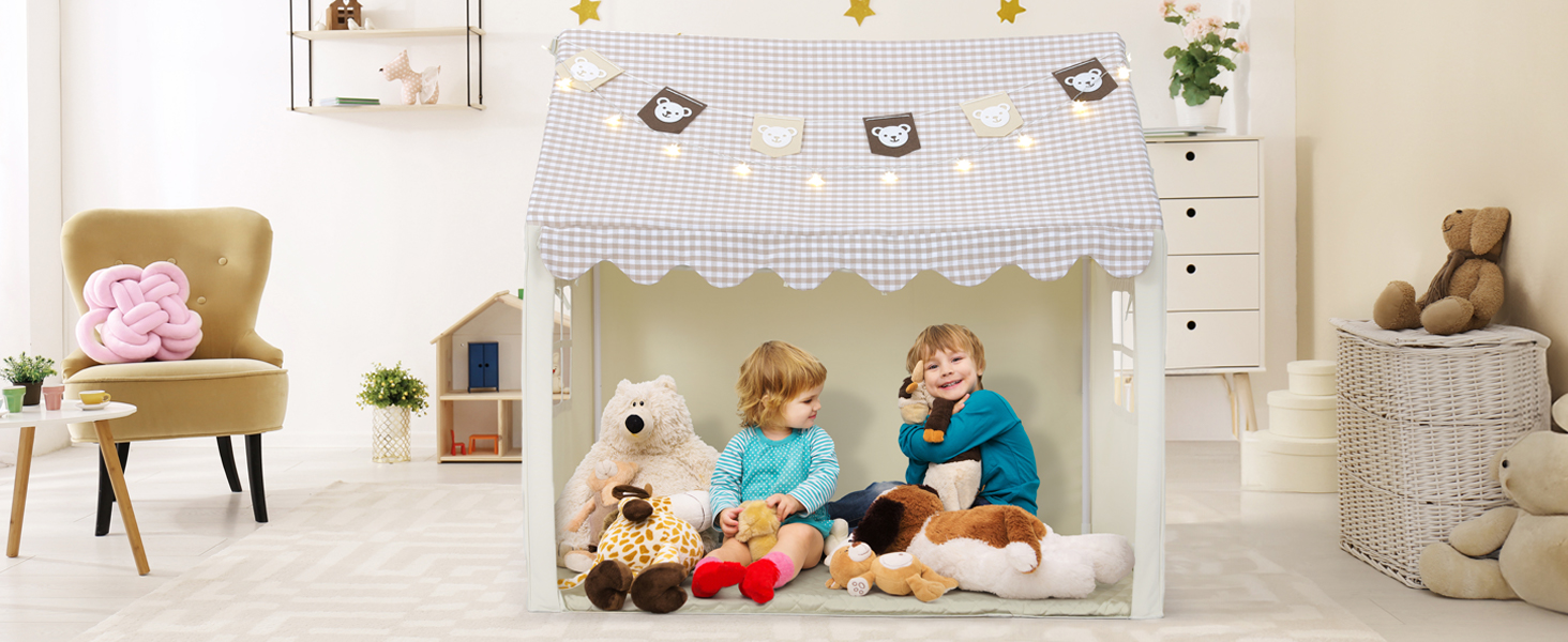 Дитячий намет Mamizо з килимком, прапорцями та світлом, зручний та дихаючий. Ігровий будиночок для дітей, намет для хлопчиків та дівчаток, 125x90x123 см, бежевий колір.
