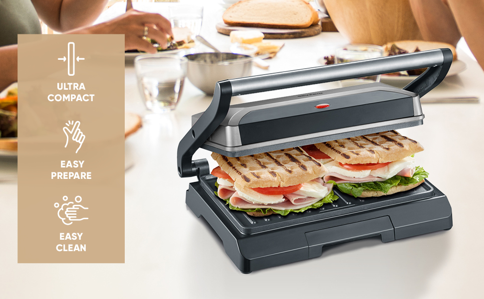 Компактний контактний гриль-сендвічниця SEVERIN KG 2394 Multigrill для паніні та стейків, антипригарне покриття, 800 Вт, металік/чорний