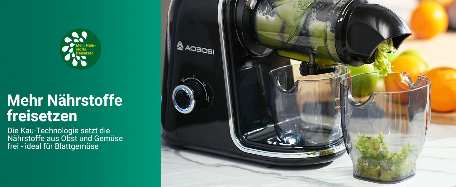 Електричний соковитискач AOBOSI Slow Juicer з 2 швидкостями - для овочів та фруктів, з 8-ступеневою шнековою системою, щіткою для очищення та 2 чашами, функція реверсу