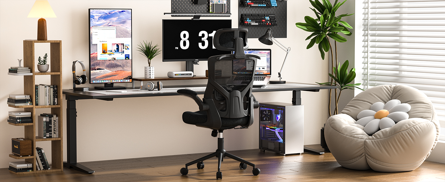 Ергономічне крісло для офісу з регульованою підголівником та поперековою підтримкою – високе офісне крісло з сітчастою спинкою та м'яким сидінням, вішалка для одягу та функцією блокування (Чорний)