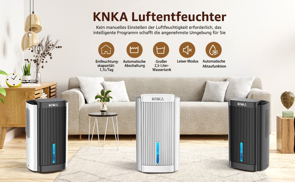 Електричний осушувач повітря KNKA, 1.1 л, для дому, ванної кімнати, підвалу, тихий (28 дБ), з автовимкненням та нічним світлом (білий, чорно-білий)