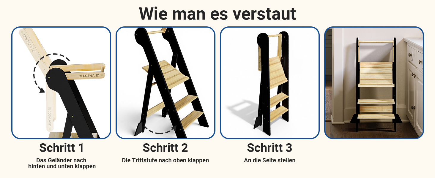 COSYAND Монтессорі стільчик-сходинка для дітей від 1 року, регульована висота, безпечний | Сходинка Монтессорі для кухні, сірий колір