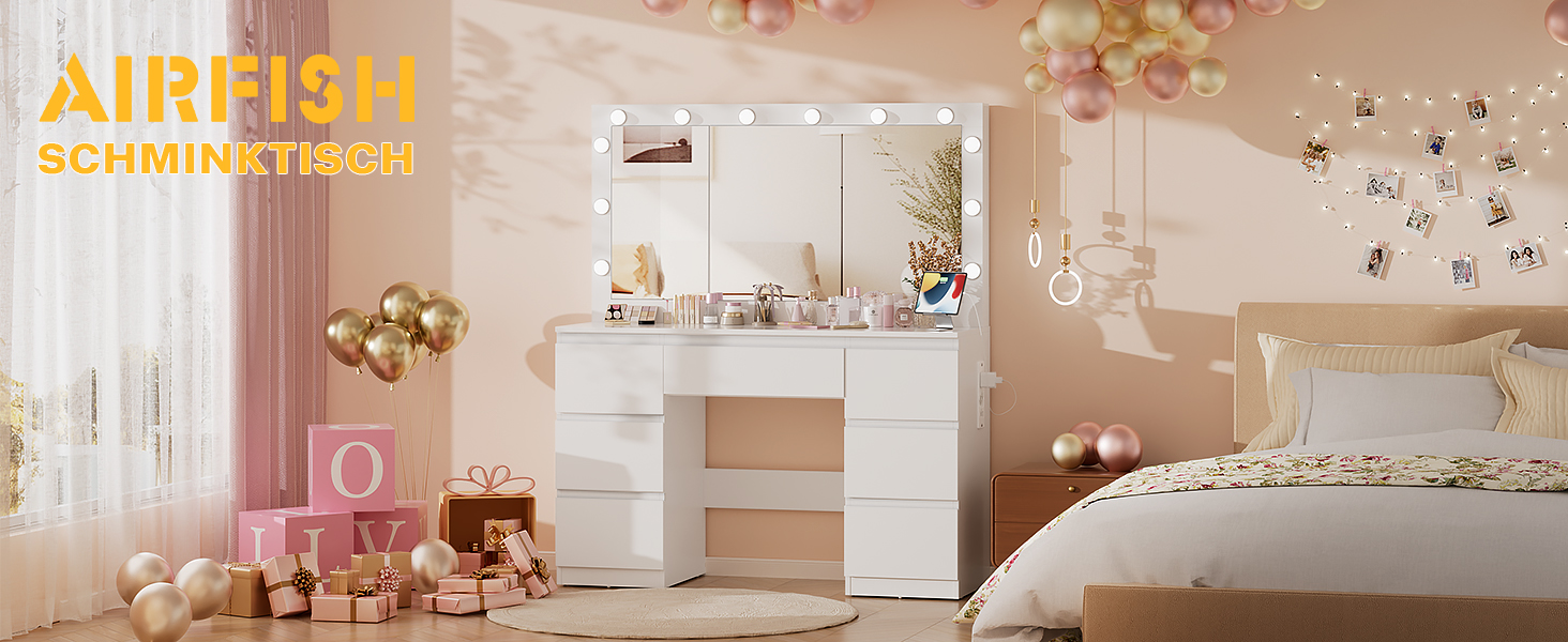 Дзеркальний туалетний столик Airfish з LED-підсвіткою та великим дзеркалом, 120x40x140 см. Туалетний столик з шухлядами та косметичним ящиком для спальні, білий