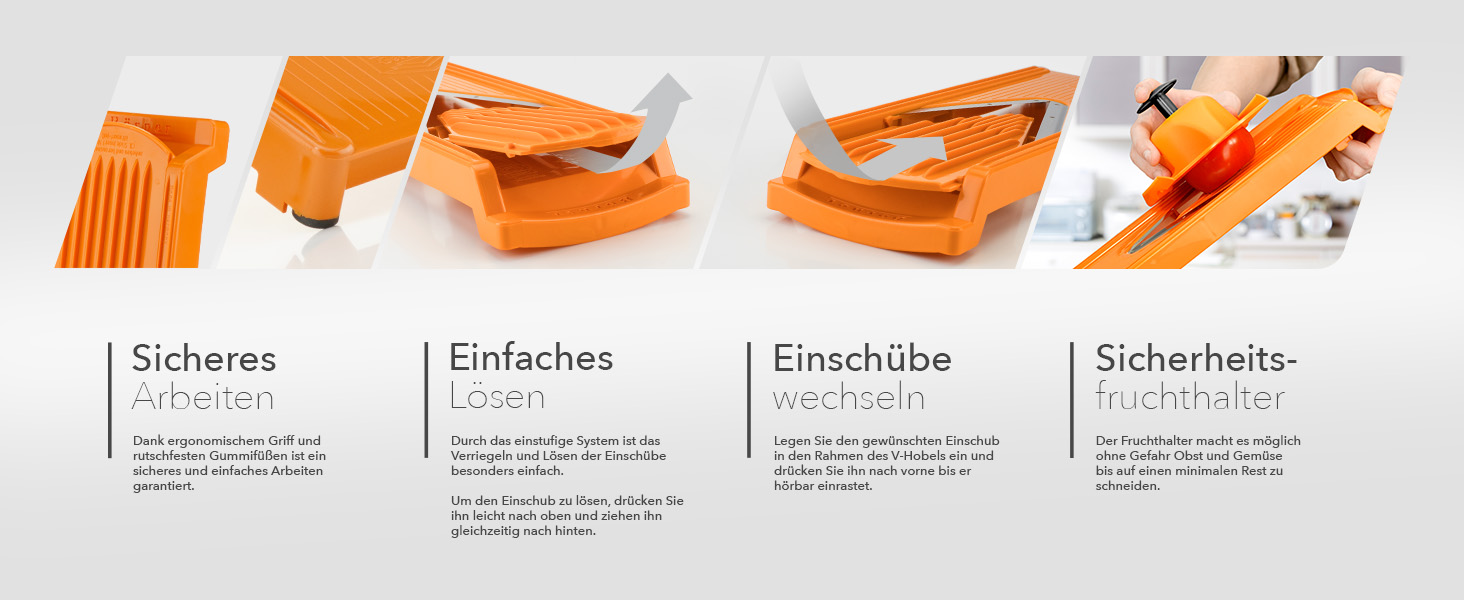 Набір Börner Gemüsehobel V3: V-овочерізалка для 5 видів нарізки, з нержавіючою сталею, з тримачем для фруктів, оранжевого кольору