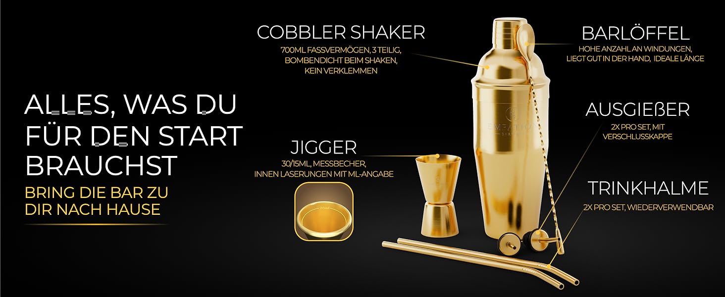 Набір для коктейлів Cobbler 700 мл з нержавіючої сталі, без розливання, професійний шейкер для коктейлів з підставкою та рецептами, набір для барменів (стартовий, золотий)