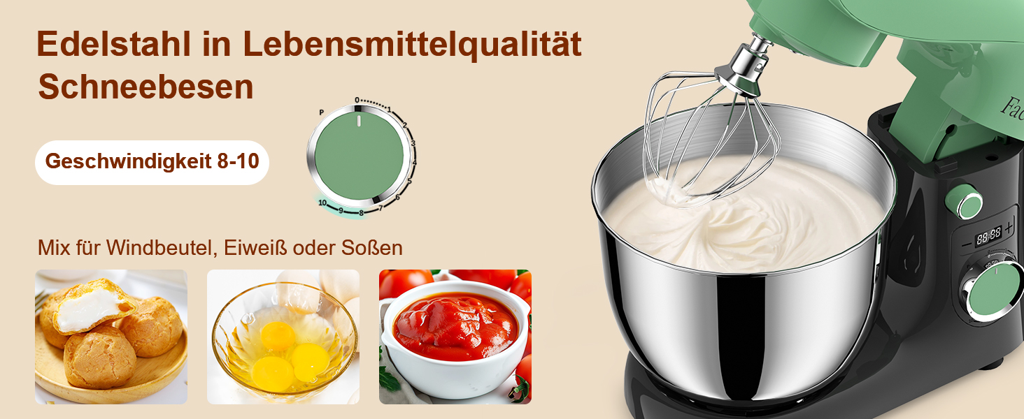 Кухонна машина-міксер Facelle 1500W з великою чашею 5.5/4.5л, 10+ програм, тиха робота, набір насадок (зелено-сірий)