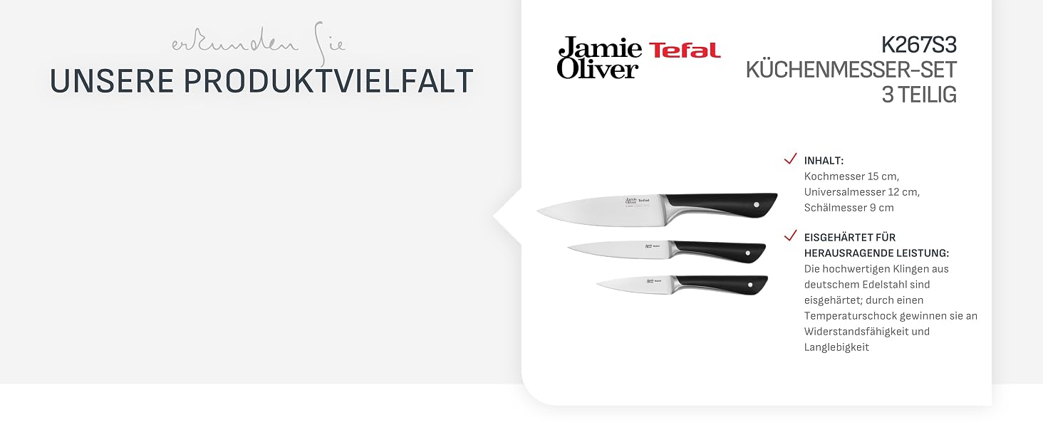Набір кухонних ножів Jamie Oliver від Tefal з підставкою, 6 предметів: кухонний, сантоку, для хліба, універсальний та ніж для чищення, сталь з криозагартуванням, блок з акації, коричневий, K267S556