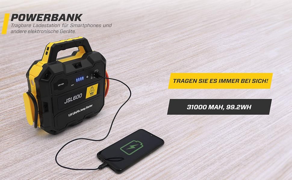 Бустерний пускач MAXTOOLS JS500 2200A 22Ah для авто та мікроавтобусів 12V (бензин/дизель), Powerbank з LED-ліхтарем та USB-портом