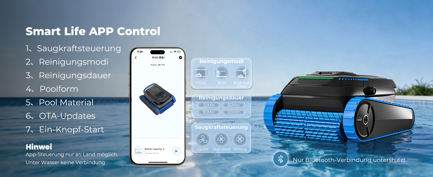 Робот-пилосос для басейну PC20 Poolroboter (2026) з Wi-Fi, очищення дна, стін та водної лінії, до 170 м²