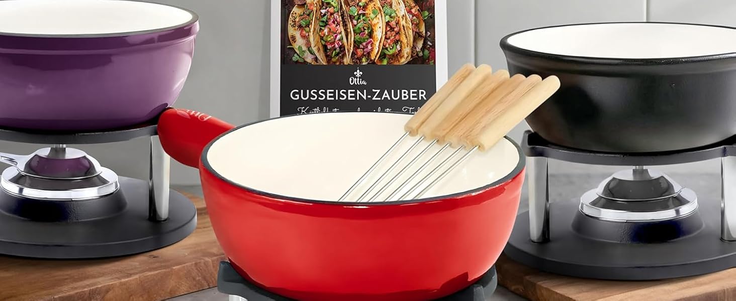 Набір для фондю Ottia з чавуну та емалі на 2-6 осіб: сирне, м'ясне, шоколадне фондю. Підходить для індукційних плит, безпечний, з пальником, вилками та рецептами