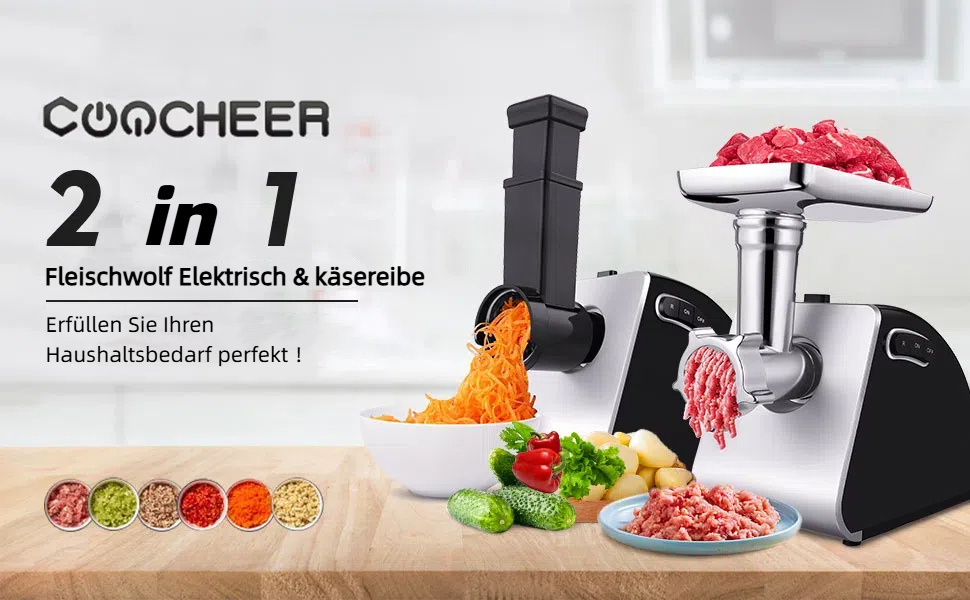 М'ясорубка електрична COOCHEER 2000W з насадками для ковбас, кеббе та овочів, сріблясто-сіра