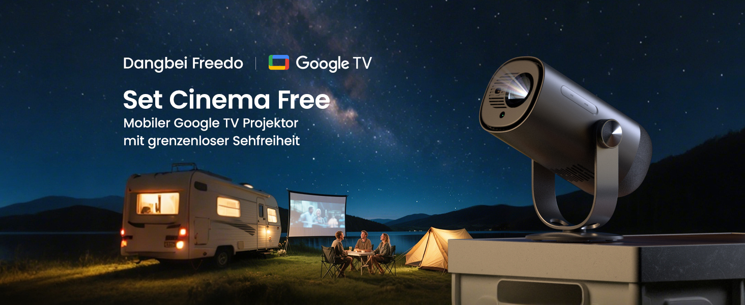 Портативний проєктор Dangbei Freedo з акумулятором, 450 ISO люмен, Google TV & Netflix, Dolby Audio, 1080P, HDR10, 165° нахил, Smart проєктор з WiFi & Bluetooth для дому та відпочинку на природі, 2,5 години роботи, з чохлом