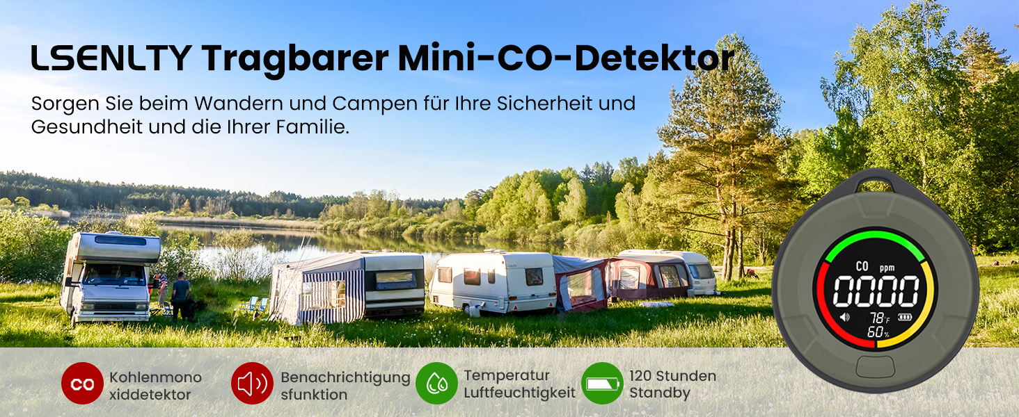 Портативний детектор CO для подорожей: міні-пристрій для виявлення CO, 120 годин роботи в режимі очікування, для кемпінгу, дому та вулиці