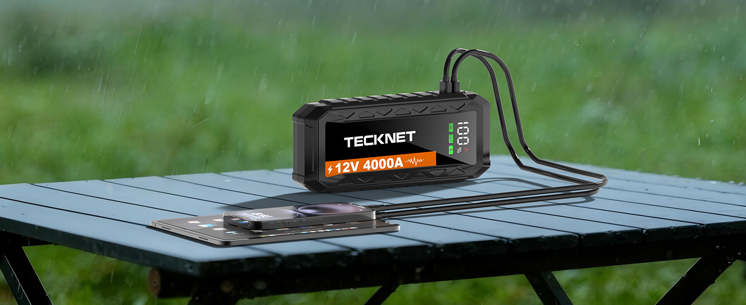 Бустерний пускач TECKNET 4000A 12V для автомобіля (бензин до 10л, дизель до 8л) з USB-портом та LED-ліхтарем, чорний