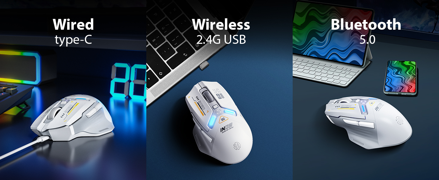 Ігрова миша inphic IN9 бездротова Tri-Mode (2.4G/Bluetooth/Type-C), 10000 DPI, RGB-підсвітка, програмована, акумуляторна, сіро-біла
