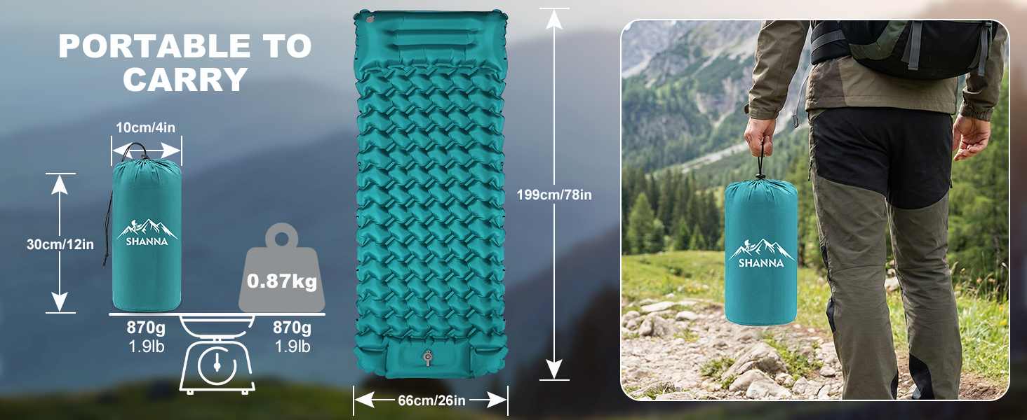 Повітряний матрац для кемпінгу SHANNA Outdoor: потовщений (12 см), ультралегкий надувний килимок з вбудованим ножним насосом для походів та відпочинку, павлиній синій