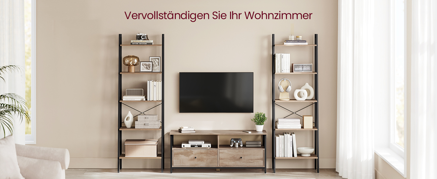 Тумба під ТВ VASAGLE, 120 см, для телевізора до 55 дюймів, 2 шухляди, 2 відкриті полиці, сталевий каркас, вінтажний колір, LTV300B01