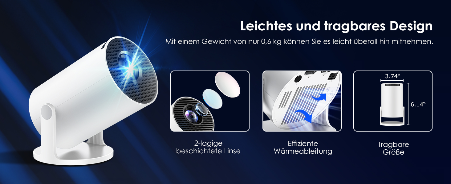 Портативний міні-проектор WOLFANG 1080P з WiFi 6, Bluetooth 5.4 та вбудованими додатками, автокоррекція трапецієподібних викривлень, підставка 180°, для дому та кінотеатру
