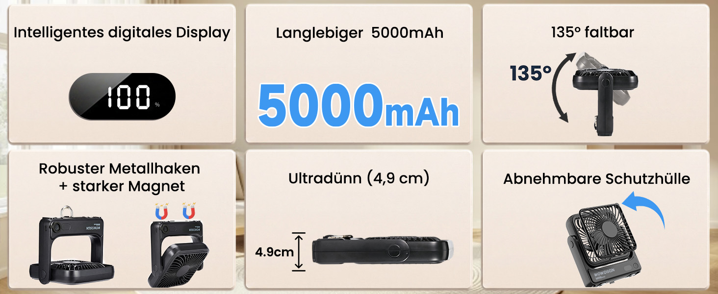 Вентилятор настільний USB WOWDSGN з магнітною основою, LED-дисплеєм та акумулятором 5000mAh, 4 режими, для кемпінгу, подорожей, офісу - Чорний