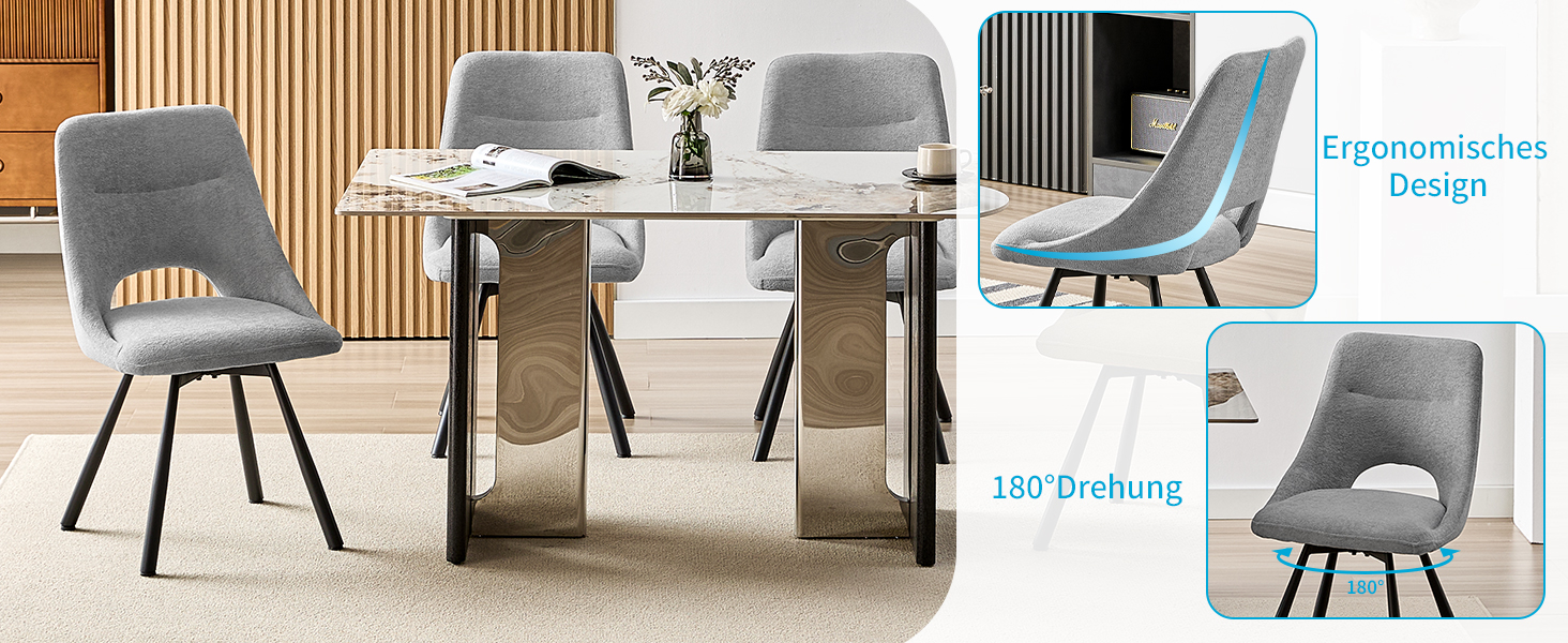 Обідні стільці поворотні, комплект 2 шт., 180° поворот, м'яке сидіння з кашмір-бавовни, чорні металеві ніжки, для вітальні, кухні, їдальні