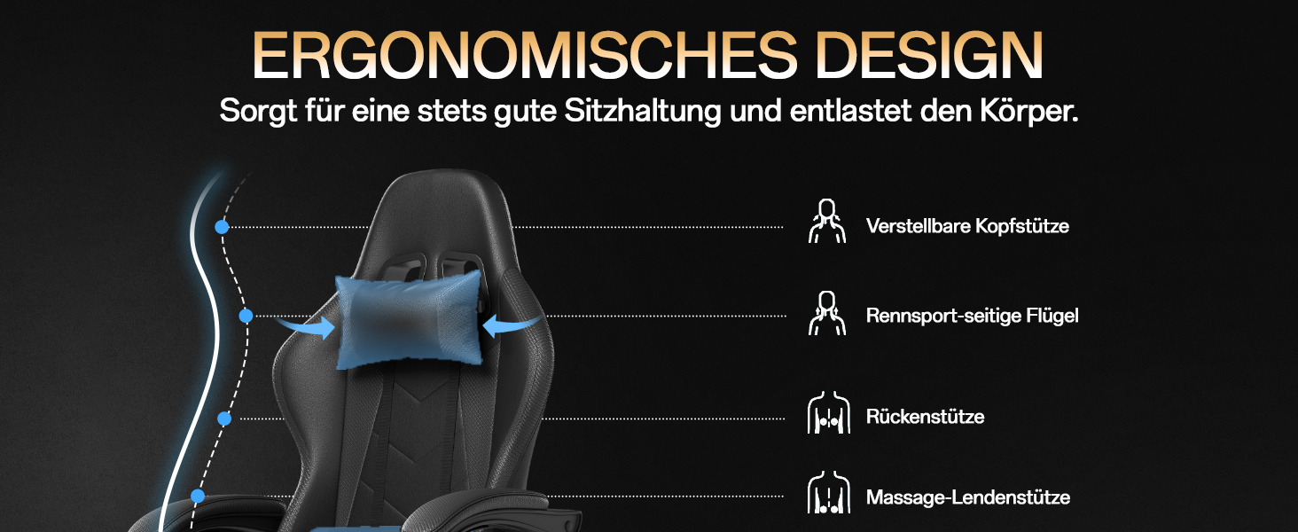 Ігровий крісло JUMMICO з масажем, ергономічний офісний крісло з підголовником для попереку, регульована спинка 90-135°, підставка для ніг, чорний, до 150 кг