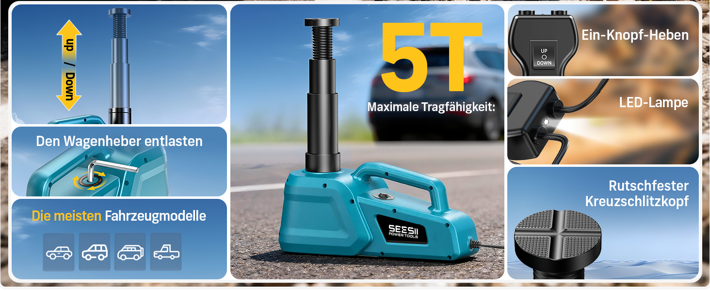 Електричний гідравлічний домкрат SEESII 12V на 3-5 тонн з дистанційним керуванням та LED-підсвіткою, підйом 15.5-45 см для авто, SUV та вантажівок