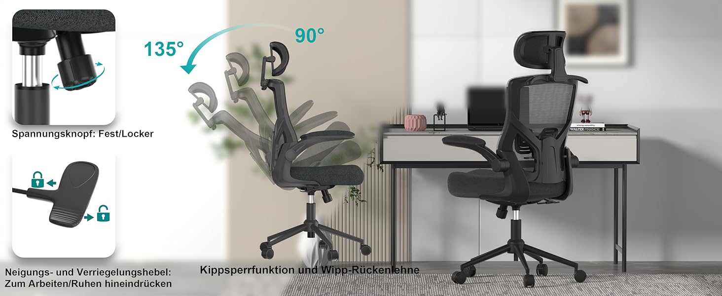 Ергономічне крісло для офісу з регульованою підголівником та поперековою підтримкою – високе офісне крісло з сітчастою спинкою та м'яким сидінням, вішалка для одягу та функцією блокування (Чорний)