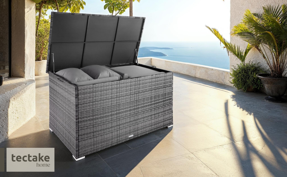 Скриня для зберігання садових речей Tectake з поліротангу, 750 л, чорна - водонепроникна, з газовими амортизаторами, 145x82.5x79.5 см