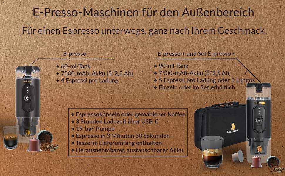 Handpresso E-PRESSO+: портативна кавомашина на акумуляторі для еспресо та кави, USB, 90 мл, 3x2,9 mA