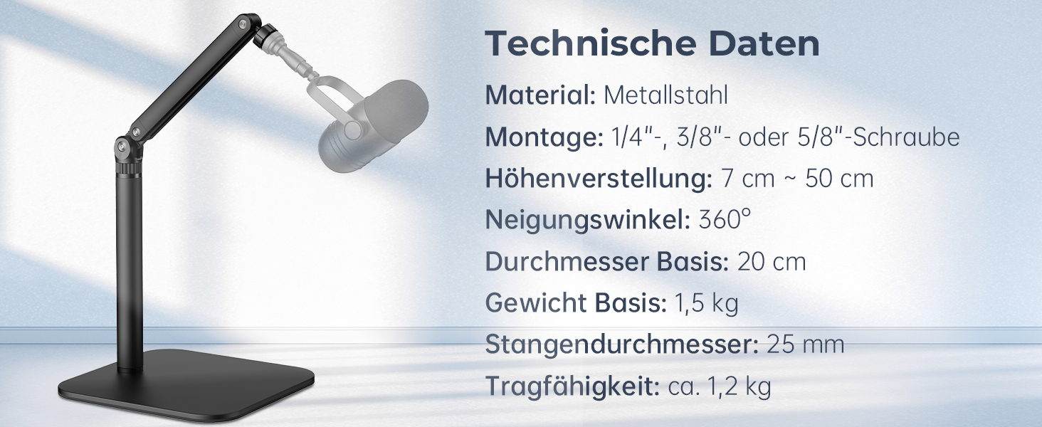 Тримач для мікрофона на стіл, регульований кронштейн 1/4-3/8-5/8 дюйми для Blue Yeti, Fifine, HyperX, мікрофонів/веб-камер/DSLR камер для студії, подкастів, стрімінгу (7-50 см)