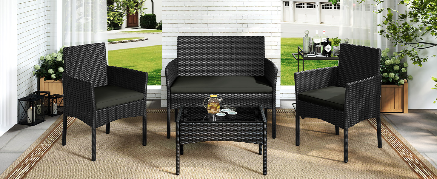 Набір садово-розплідницьких меблів Yaheetech на 4 особи з ротангу для тераси/балкону/саду (софа 2 місця, 2 стільці, стіл, подушки)