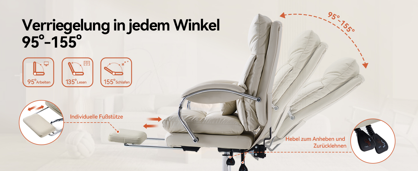 Крісло офісне EMIAH з підніжкою, комфортне крісло для роботи з підлокітниками, ергономічний крісло для начальника з PU шкіри та роликами, ігрове крісло з потовщеною подушкою, без функції масажу (Бежевий)