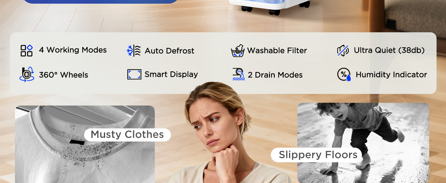 EasyAcc Електричний осушувач повітря 1200мл, 18л/день, тихий, портативний, з автовимкненням та режимом сну для дому та офісу (білий)