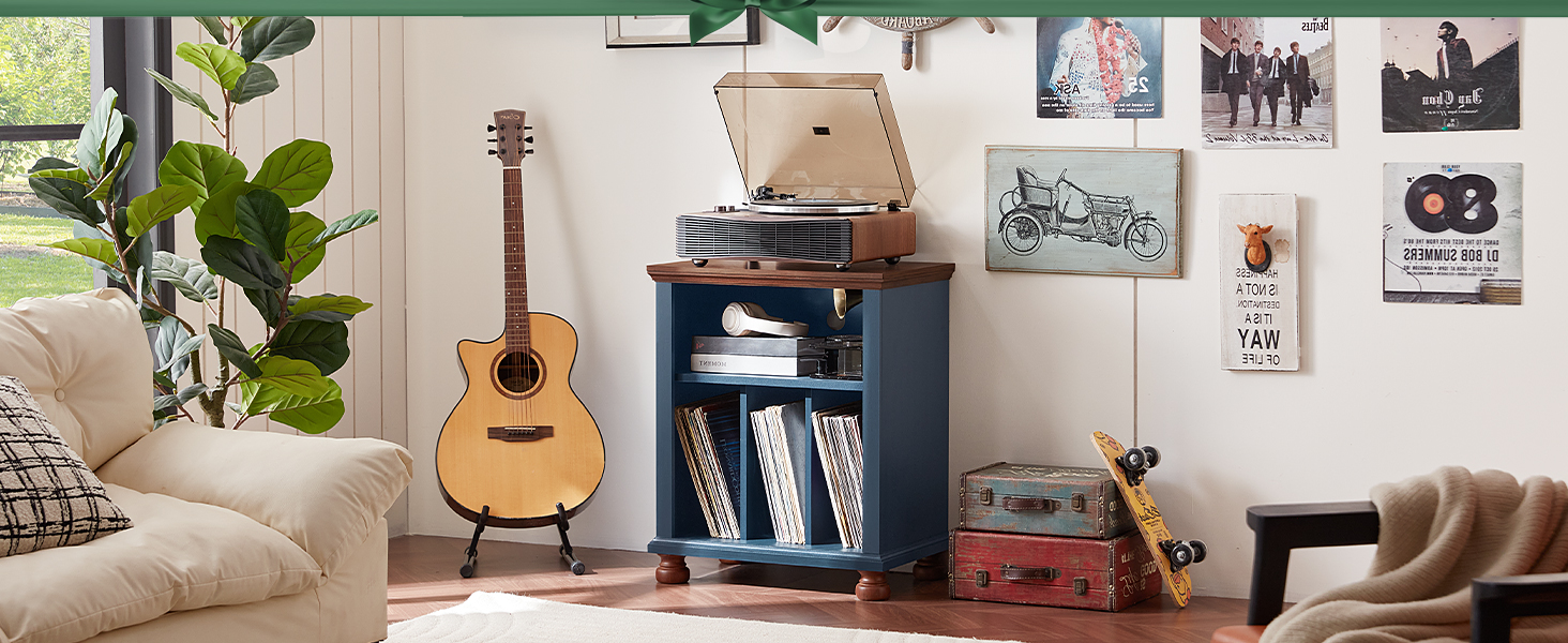 LELELINKY Підставка для програвача, полиця для платівок, містить до 200 платівок, великий дерев'яний стіл для програвача, полиця для платівок у вітальню, спальню, офіс (Блакитний)