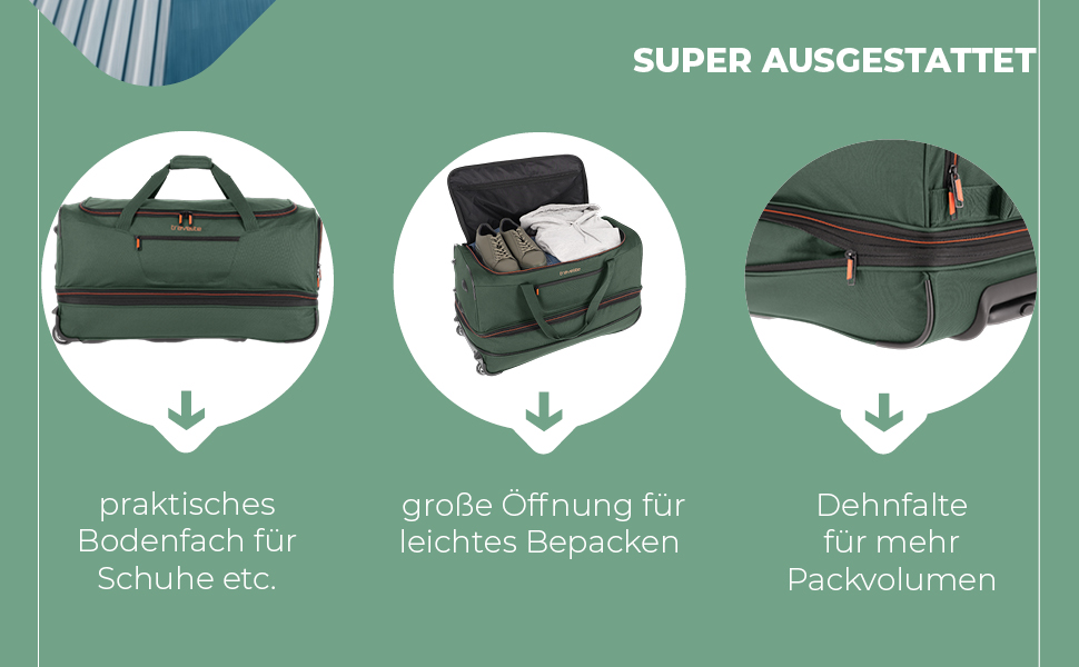 Дорожня сумка на колесах Travelite Basics Duffle L, 98-119 л, Зелено-помаранчева, 55 см