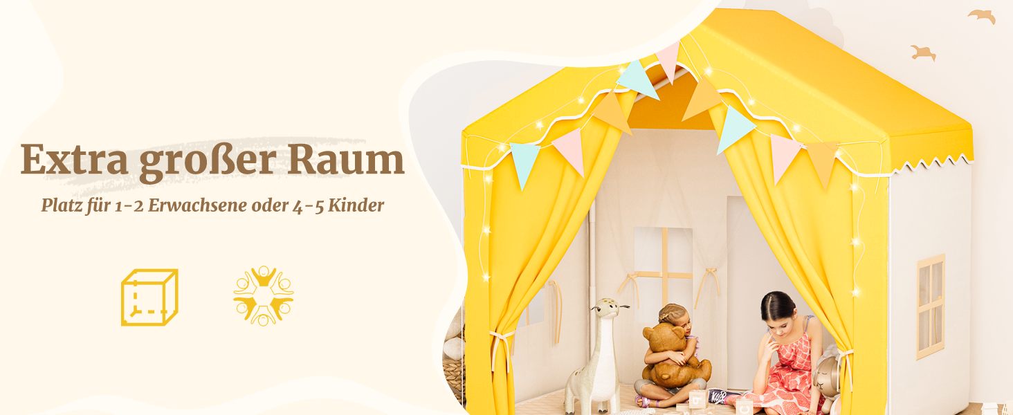 Дитяче намет-будиночок EROMMY 2-в-1 з килимком, прапорцями та світлодіодними смугами, з двома дверцятами, з даховим віконцем, для дому, від 3 років (Жовтий)