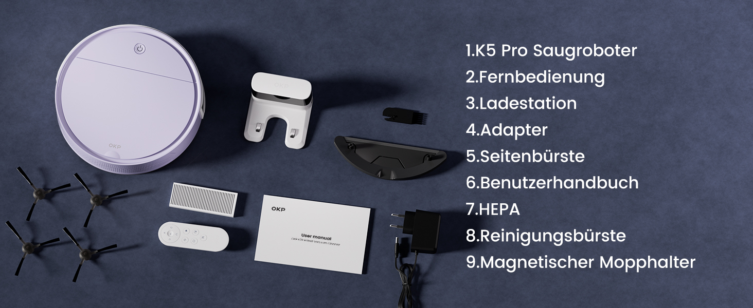 Робот-пилосос OKP K5P Purple: 5000Pa, навігація, HEPA-фільтр, Wi-Fi, для тварин, килимів, твердих підлог